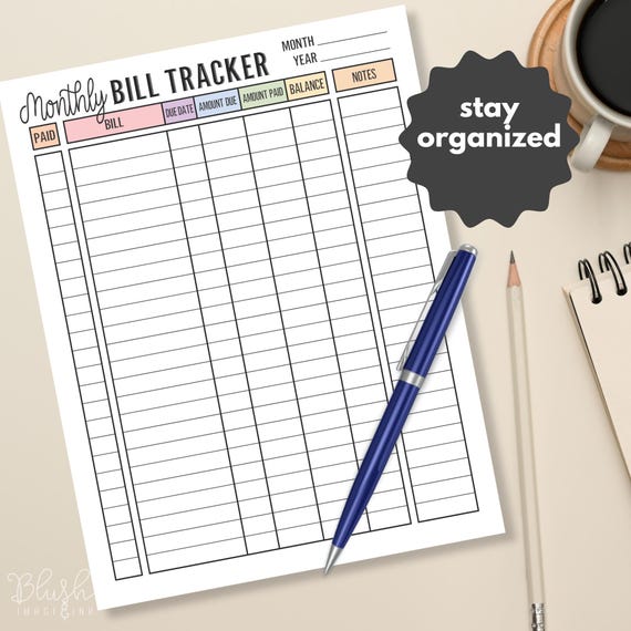 Monthly Bill Tracker Budgeting Printable Track Bills & Expenses Personal Finance Sheet organize finances tracking sheet monthly bills track