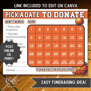 Editable Fundraising Calendar Basketball pick a date to donate Basketball fundraiser pay the date basketball fund raiser calendar board file