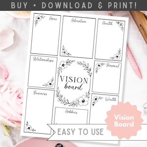 May include: A white vision board with sections labeled Home, Adventure, Health, Relationships, Personal, Business, Wealth, and Hobbies. The words "VISION board" are in the center, surrounded by a floral wreath. The words "EASY TO USE" are at the bottom.