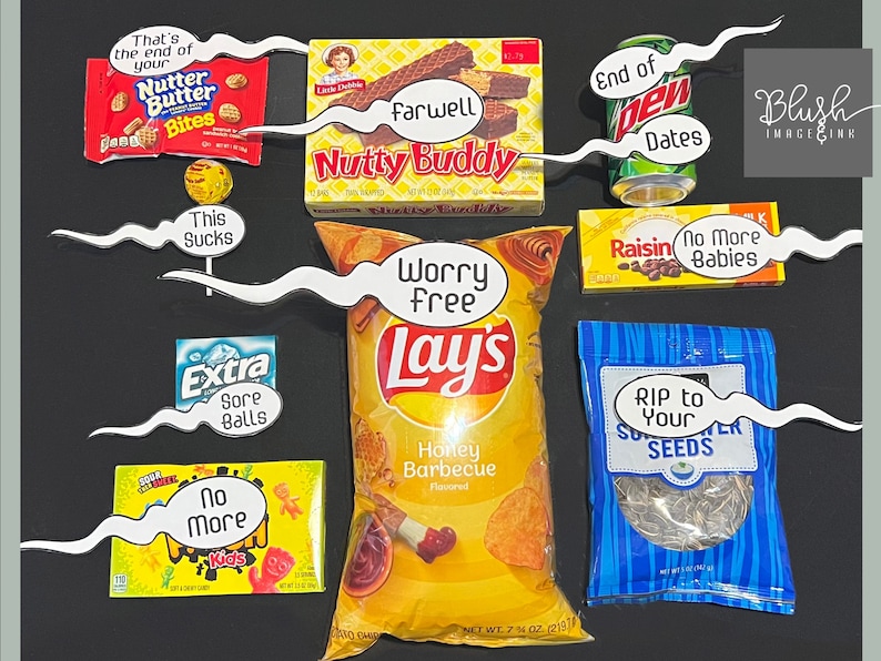 May include: A collection of snack foods with humorous messages on the packaging. The snacks include Nutter Butter Bites, Nutty Buddy, Lay's Honey Barbecue potato chips, Extra gum, and sunflower seeds. The messages include "That's the end of your Nutter Butter Bites", "Farwell Nutty Buddy", "Worry Free", "Extra Sore Balls", "No More Kids", "End of Dates", "Raisin No More Babies", and "RIP to Your Seeds".