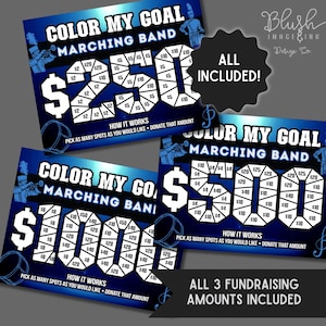 May include: Three blue fundraising cards for a marching band, each with a different goal amount: $250, $500, and $1000. The cards feature a design where donors "color" in spots to reach the goal. Text includes "Color My Goal" and "Marching Band."