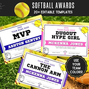 May include: Softball awards templates with editable text. The image shows three award certificates with text such as "MVP", "Dugout Hype Girl", and "Cannon Arm". The certificates are yellow, white, and purple, with softball graphics.