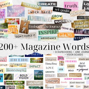 May include: A collection of magazine words, such as "magnetic," "inspire," and "success," presented on a textured backdrop. The words are in diverse fonts and colours, some with watercolour or gradient effects. The text "200+ Magazine Words" is featured, along with related keywords.