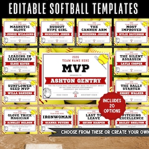 Op de afbeelding: Een verzameling bewerkbare softbal sjablonen. Elke sjabloon bevat ruimte voor namen en titels, met ontwerpen zoals "Magnetic Glove" en "MVP". De sjablonen zijn geplaatst tegen een achtergrond van softballs.