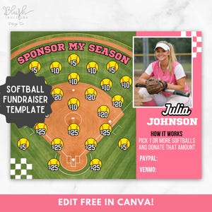 以下が含まれることがあります： ピンクと緑のデザインのソフトボール募金テンプレート。レイアウトは、寄付金額、テキスト「SPONSOR MY SEASON」、ソフトボール選手の写真が特徴です。テンプレートには、手順と連絡先情報が含まれています。