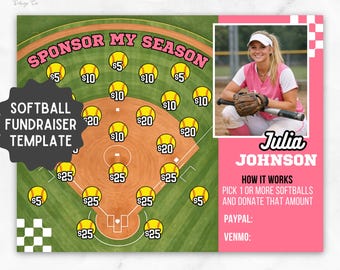 Folleto de recaudación de fondos editable para equipos de jugadores de softbol. Formulario de recaudación de fondos para donaciones. Patrocinador de softbol de mi temporada.