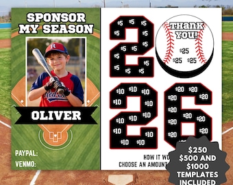 Plantilla de volante para recaudar fondos para donaciones de BÉISBOL Patrocina mi temporada (Descarga digital, edición de Canva) Recaudación de fondos para el equipo de béisbol