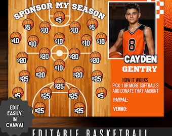 Folleto de recaudación de fondos editable para jugadores de baloncesto, equipo, patrocinador de baloncesto, formulario de recaudación de fondos para mi temporada de baloncesto, donaciones