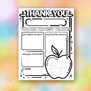 Pagina da colorare di ringraziamento per l'insegnante, PDF stampabile, biglietto per la settimana di apprezzamento dell'insegnante, regalo di fine anno per l'insegnante, divertimento fai da te da colorare per bambini a scuola
