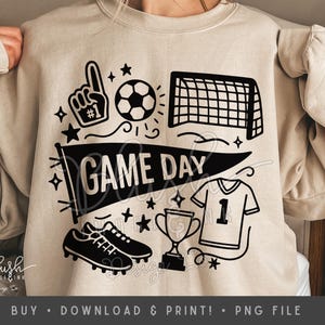 Game Day Soccer PNG sport moeder shirt ontwerp zwarte SVG-stijl afbeelding voor Cricut & sublimatie instant digitale download voetbal beker ontwerp
