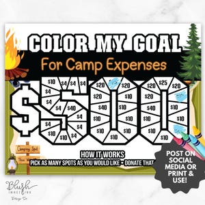 Puede incluir: Un gráfico de objetivos de gastos de campamento con el texto "COLOR MY GOAL For Camp Expenses". El gráfico está diseñado con espacios para completar cantidades para alcanzar un objetivo de 500 €. Incluye instrucciones y un llamado a las redes sociales.