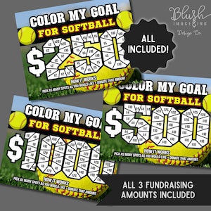 May include: Three softball fundraising goal sheets with different amounts. Each sheet features a softball graphic with spaces to fill in. Text includes "Color My Goal For Softball" and "Pick as many spots as you would like - Donate that amount."