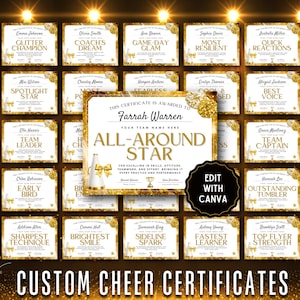 Op de afbeelding: Een verzameling aangepaste cheerleading-certificaten met gouden en witte ontwerpen. Elk certificaat heeft een unieke titel, zoals "Glitter Champion" en "Team Leader". De afbeelding bevat de tekst "Edit with Canva" en "Custom Cheer Certificates".
