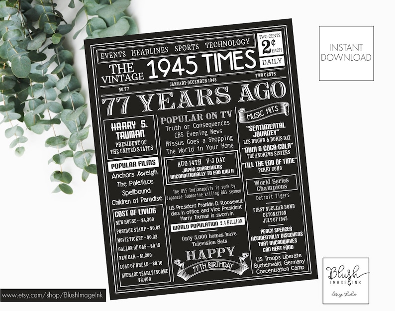 Back In 1945 Newspaper Poster Printable 77th Birthday Party Etsy back-in-1945-newspaper-poster-printable-77th-birthday-party-etsy