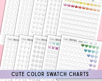 May include: A collection of white paper color swatch charts with various designs, including balloons, bears, bows, locks, crowns, trees, umbrellas, flowers, butterflies, and hearts. The text "CUTE COLOR SWATCH CHARTS" and "10 MARKER TEST SHEETS" are visible.