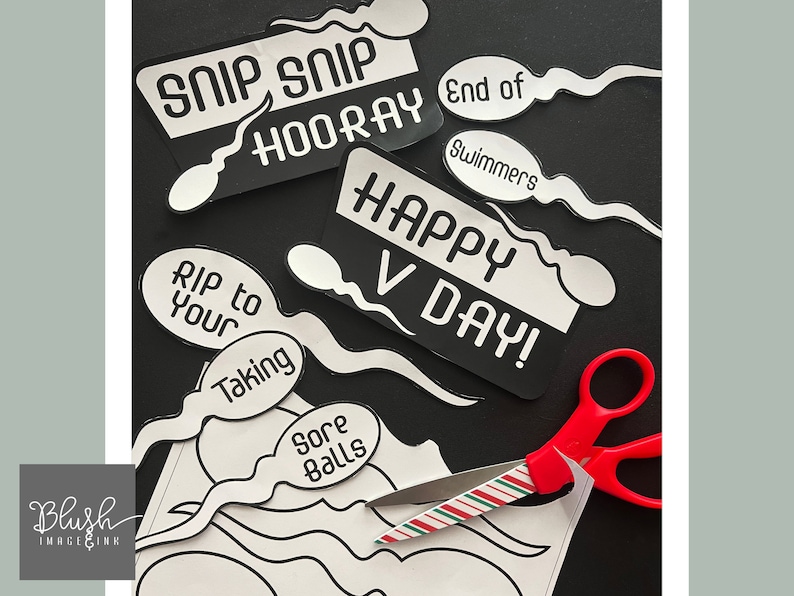 May include: A set of black and white paper cutouts with humorous phrases related to vasectomy. The phrases include "Snip Snip Hooray", "End of Swimmers", "Happy V Day", "Rip to Your Taking", and "Sore Balls".