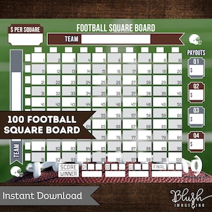 May include: A football square board with a green and brown color scheme. The board is labeled "Football Square Board" and includes squares numbered 1-100. Text includes "Instant Download" and "Blush Image & Ink".