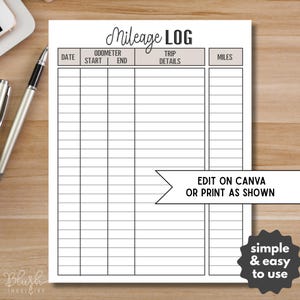 Tableau de bord à imprimer pour les taxes et les impôts Carnet de voyage d'affaires Feuille de suivi du kilométrage déductible du carnet de route pour le travail