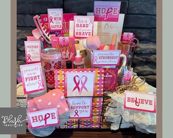 Cesta de regalo para el cáncer de mama Caja de regalo para recuperarse del cáncer de mama Imprimible de cáncer de mama Regalo para guerreros del cáncer de mama Regalo de concientización sobre el cáncer de mama