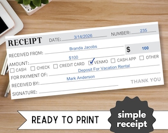 Plantilla de recibo imprimible para pago en efectivo, cheque o tarjeta. Formulario de factura para pequeñas empresas. Recibo comercial. Recibo comercial imprimible.