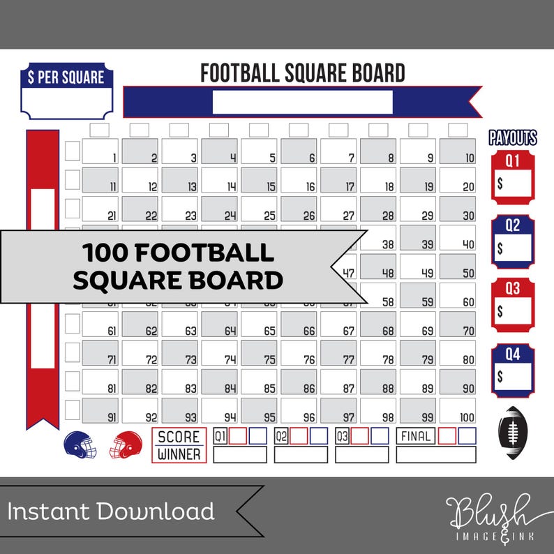 Football Squares Printable Football Fundraiser Football Pool 100