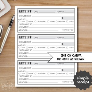 Editable Business Receipt Template  Cash, Check, Card, Venmo, Cash App Printable receipts template receipt invoice template receipt editable
