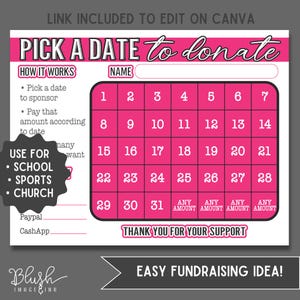 Fundraiser Calendar Pick A Date To Donate Fundraiser Calendar Fundraiser PTO Fundraiser School Fundraising idea Canva Editable Template