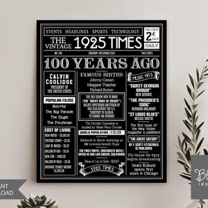 100th birthday gift 1925 Birthday newspaper 100 Birthday What Happened in 1925 Turning 100 Sign 100th Poster Birthday 100th printable sign