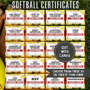 Puede incluir: Una colección de certificados de softbol con varios premios para jugadores. Cada certificado presenta un título único como "The Rally Starter" o "Most Improved", junto con el nombre del jugador. Los certificados son amarillos y rojos, con una pelota y un guante de softbol.