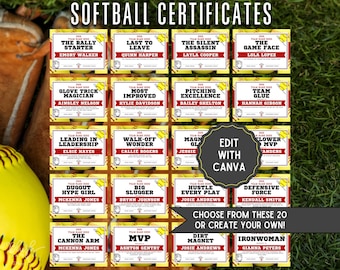 Certificados de premios de softbol editables, reconocimiento de T-Ball, premios de equipo de fin de temporada, plantillas imprimibles de Canva, regalo del entrenador, regalo para el jugador