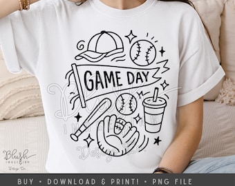 Game Day Baseball PNG Sports Mom Shirt Design Black & White Baseball Clipart Game Day T-Shirt Graphic baseball doodle png Instant Download