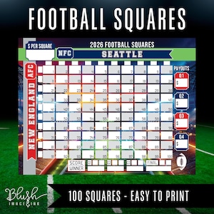 Puede incluir: Un tablero de juego de cuadrados de fútbol imprimible con el texto "Football Squares" en la parte superior. El tablero está etiquetado como "2026 Football Squares Seattle" e incluye 100 cuadrados, secciones de pago y logotipos de equipos. El texto "100 Squares - Easy to Print" está en la parte inferior.