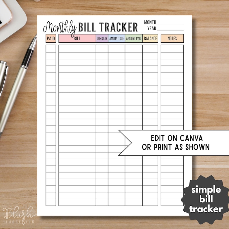 May include: A white monthly bill tracker printable with a grid layout. The top of the page has the title "Monthly Bill Tracker" and sections for "Paid", "Bill", "Due Date", "Amount Due", "Amount Paid", "Balance", and "Notes". Includes text "Edit on Canva or Print as Shown".