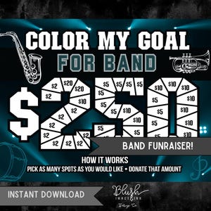 Puede incluir: Un gráfico de recaudación de fondos para una banda en color verde azulado y blanco con ilustraciones de instrumentos musicales. El texto dice "Color My Goal For Band" y "Band Funraiser!" con un desglose de las cantidades de donación.