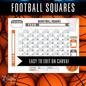 Puede incluir: Un tablero de juego de cuadrados de baloncesto imprimible con el texto "Football Squares" en la parte superior. El tablero incluye espacios para números, nombres de equipos e información de pago. El texto "Easy to edit on Canva!" también es visible.