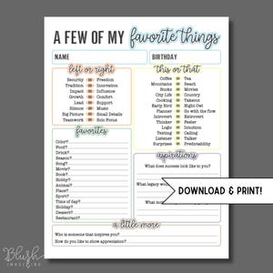 May include: A printable PDF titled "A Few of My Favourite Things" with fill-in-the-blank sections for name, birthday, favourites, and aspirations. Includes prompts like "left or right" and "this or that." Features a "Download & Print!" call to action.