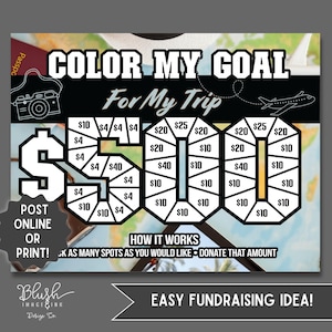 Può includere: Un grafico di raccolta fondi a tema viaggio con il testo "COLOR MY GOAL For My Trip". Il grafico è progettato per aiutare a risparmiare 500 €, con vari importi da colorare. Include un passaporto e un aereo. "Easy Fundraising Idea!"