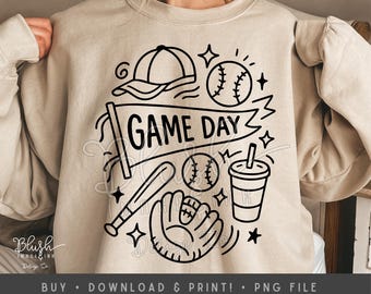 Baseball PNG Spieltag Baseball png Hand Gezeichnet Doodle Design Coquette Transparenter Hintergrund Digitaler Download POD Baseball design DTF png