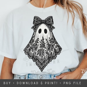 Lace Ghost PNG with Bow Halloween Gothic Coquette Ghost Shirt Design Ghost Lace Vintage Halloween Sublimation Cute Spooky Clipart for Shirts