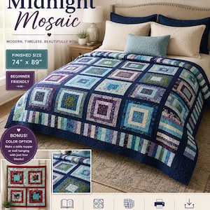 May include: A PDF quilt pattern named "Midnight Mosaic" with a finished size of 188 cm x 226 cm. The quilt displays a square block design in blue, purple, and green hues. The image includes a bonus color option for a table topper or wall hanging.