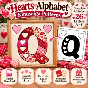 Peut inclure: Un téléchargement numérique pour des modèles Kinusaiga de l'alphabet en cœurs, présentant une lettre Q encadrée faite de segments de tissu floral rouge et rose avec des découpes en forme de cœur. L'ensemble inclut 26 lettres de A à Z, de 20,32 cm.