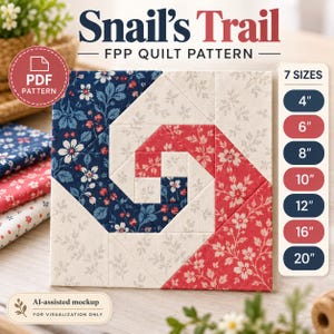 Puede incluir: Un patrón de acolchado FPP Snail's Trail en PDF que muestra un bloque cuadrado con un diseño en espiral en telas florales rojas, azul marino y crema. La imagen muestra texto con 7 tamaños de 4 a 20 pulgadas y una etiqueta de maqueta por IA.
