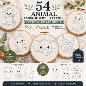 以下が含まれることがあります： 54種類の動物刺繍パターンを収録したデジタルダウンロードバンドル。画像には、猿、アヒル、ウサギ、ゾウ、フクロウなど、かわいい動物のデザインが施された刺繍枠がいくつか表示されています。「54 ANIMAL EMBROIDERY PATTERNS」と書かれています。