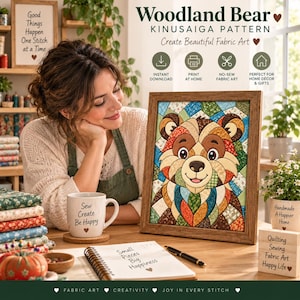 Molde de Urso Kinusaiga, Modelo de Arte em Tecido com Urso da Floresta, Patchwork Sem Costura, 8 Tamanhos, PDF para Impressão