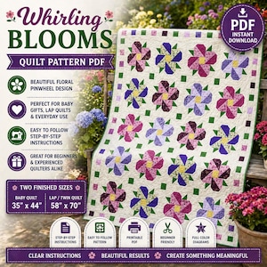 Op de afbeelding: Een crèmekleurige quilt met een bloemenwindmolenontwerp. De quilt heeft grote, kleurrijke bloemen in tinten paars, roze en blauw, tegen een crèmekleurige achtergrond. De babyquilt meet 89 cm x 112 cm en de schoot-/tweepersoonsquilt meet 147 cm x 178 cm.