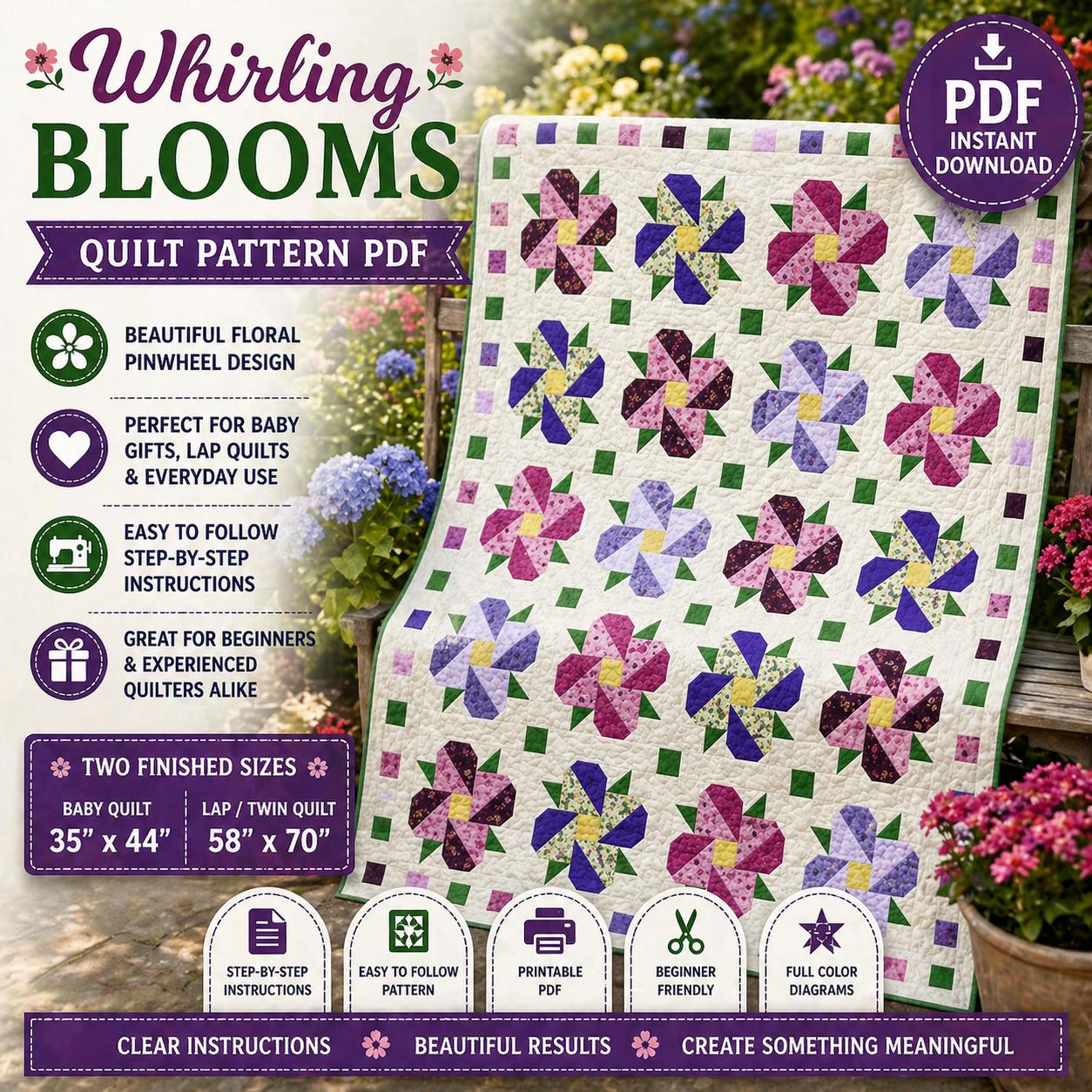 Whirling Blooms Quilt Pattern, Floral Pinwheel Baby Lap Quilt, Beginner ...