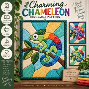 Puede incluir: Un patrón Kinusaiga titulado Charming Chameleon que presenta un mosaico de tela multicolor de un camaleón sobre una rama. El diseño incluye el texto: Charming Chameleon, A Splash of Color for Your Creative World, Same Design Endless Possibilities.