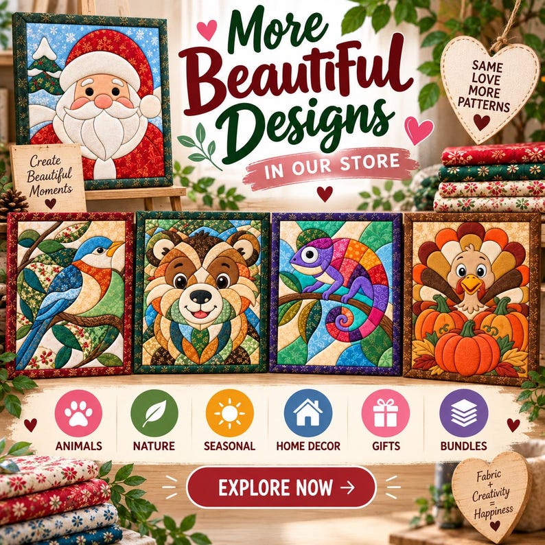 Peut inclure: Une collection de cinq tableaux en tissu matelass&eacute; encadr&eacute;s repr&eacute;sentant un P&egrave;re No&euml;l, un oiseau bleu, un ours, un cam&eacute;l&eacute;on et une dinde avec des citrouilles. L'image contient le texte : More Beautiful Designs In Our Store, Create Beautiful Moments, Same Love More Patterns, Fabric + Creativity = Happiness, ainsi que des ic&ocirc;nes pour Animals, Nature, Seasonal, Home Decor, Gifts et Bundles.