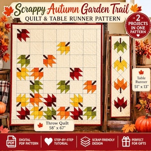 Puede incluir: Un patrón de edredón y camino de mesa Scrappy Autumn Garden Trail con diseño de cuadrícula y motivos de hojas rojas, amarillas, naranjas y verdes sobre fondo crema. El edredón mide 147 cm por 170 cm y el camino 130 cm por 33 cm.