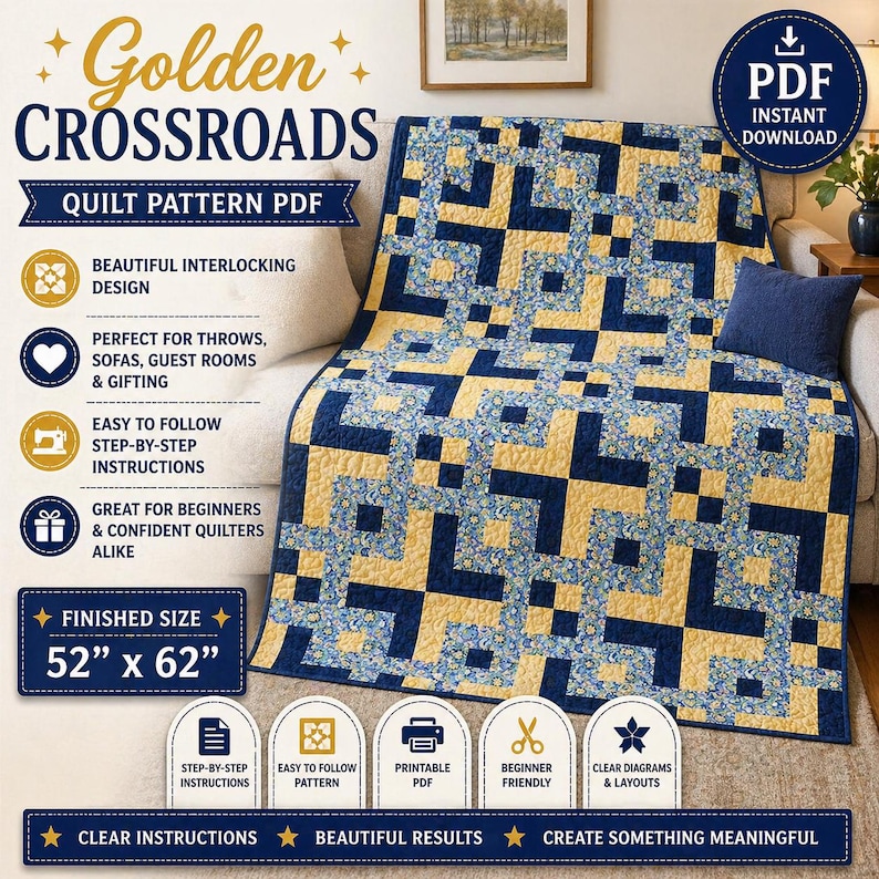 Pattern Croosroad Golden Crossroads Quilt Pattern, Beginner Patchwork Throw (PDF Download ...